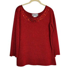 Joseph A Womens Beaded Knit Top Large Red Holiday Lightweight Sparkly Metallic